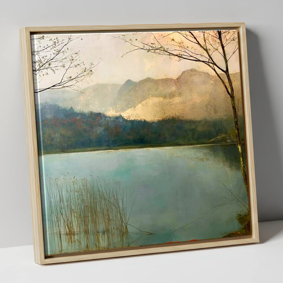 Gilded Light Over Elter Water lake district lake canvas wall art in natural frame