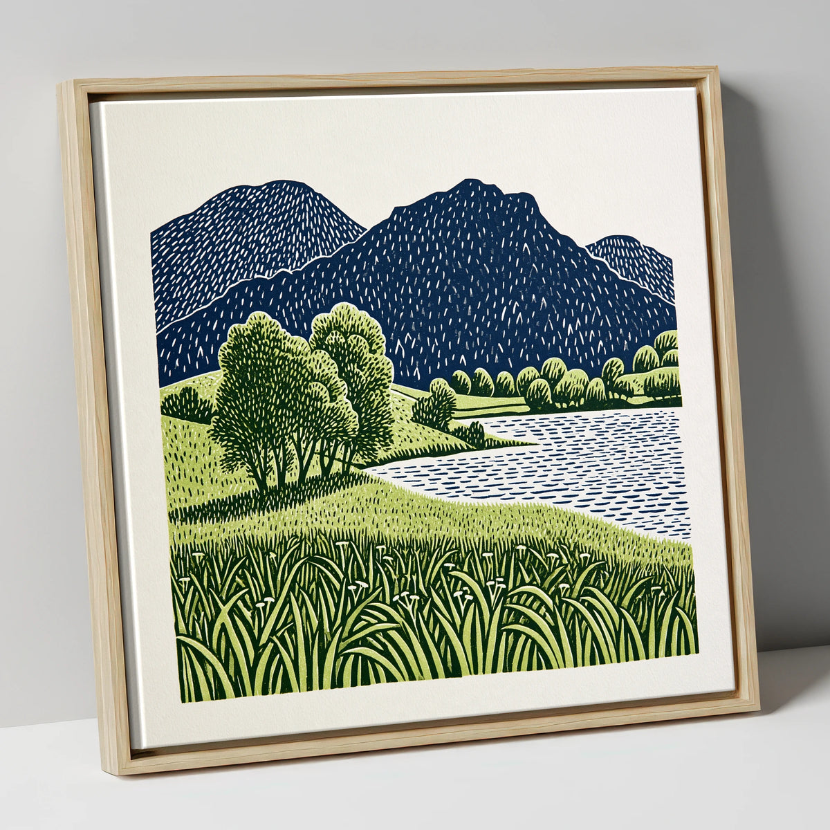 Grasmere Fells in Navy and Green lake district lake canvas wall art in natural frame