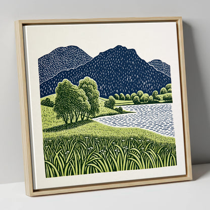 Grasmere Fells in Navy and Green lake district lake canvas wall art in natural frame