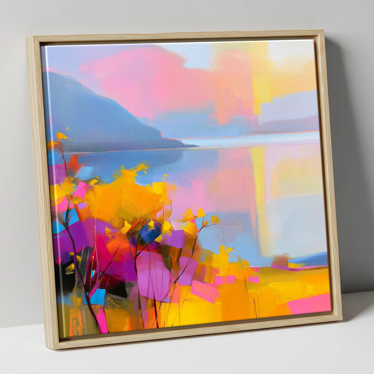 Vibrant Gorse Above the Lake lake district wildflower canvas wall art in natural frame