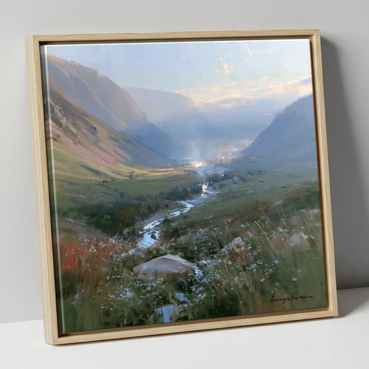 Valley Beck in Morning Haze lake district valley canvas wall art in natural frame
