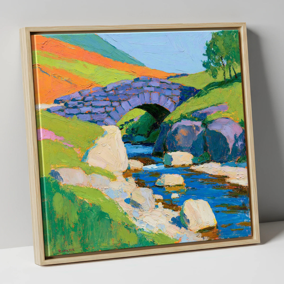 Vibrant Stone Bridge Over Beck lake district waterfall canvas wall art in natural frame