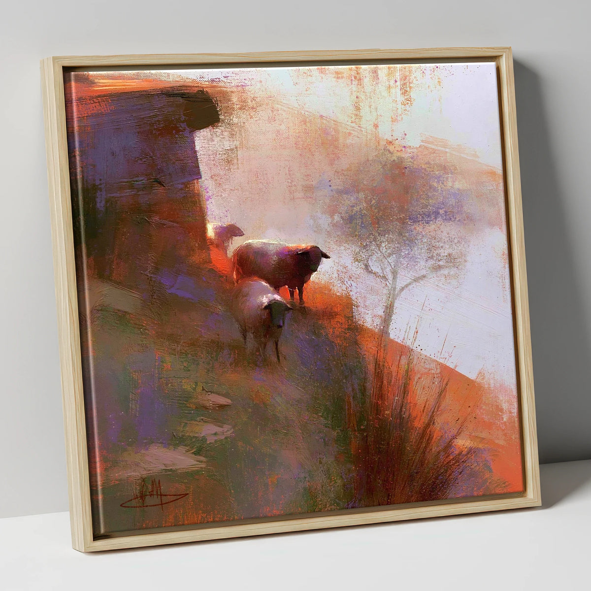 Herdwick Sheep on Sunlit Fellside lake district wildlife canvas wall art in natural frame