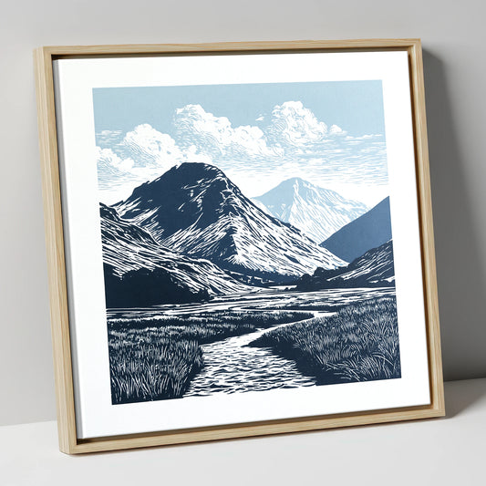 Scafell Pike in Deep Navy lake district fell canvas wall art in natural frame