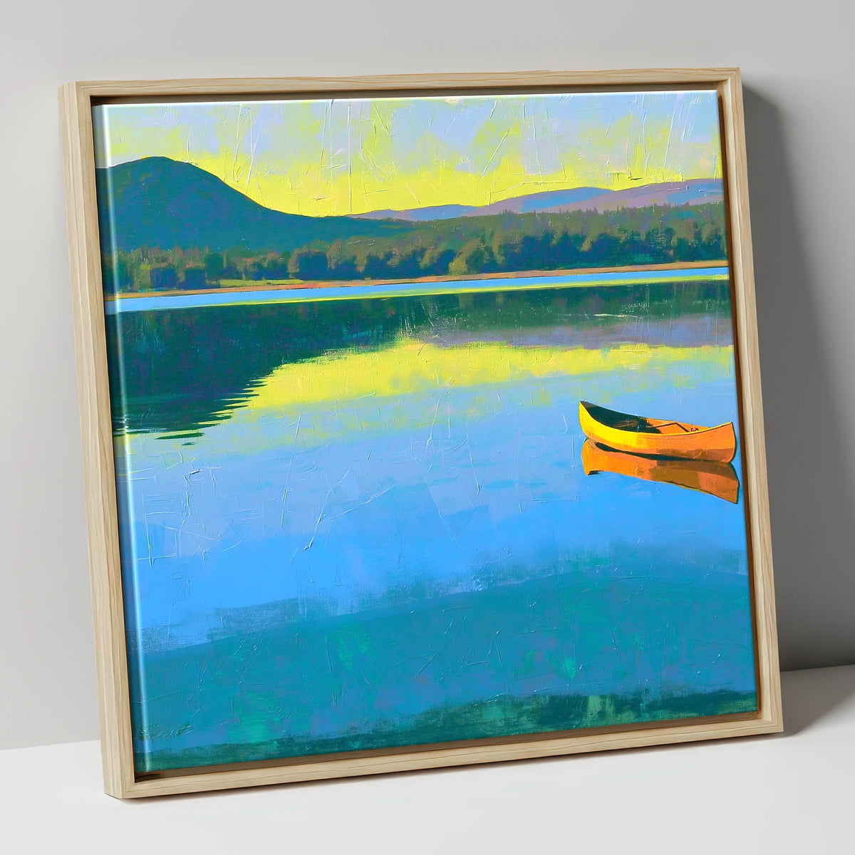 Bold Yellow Canoe on Windermere lake district lake canvas wall art in natural frame