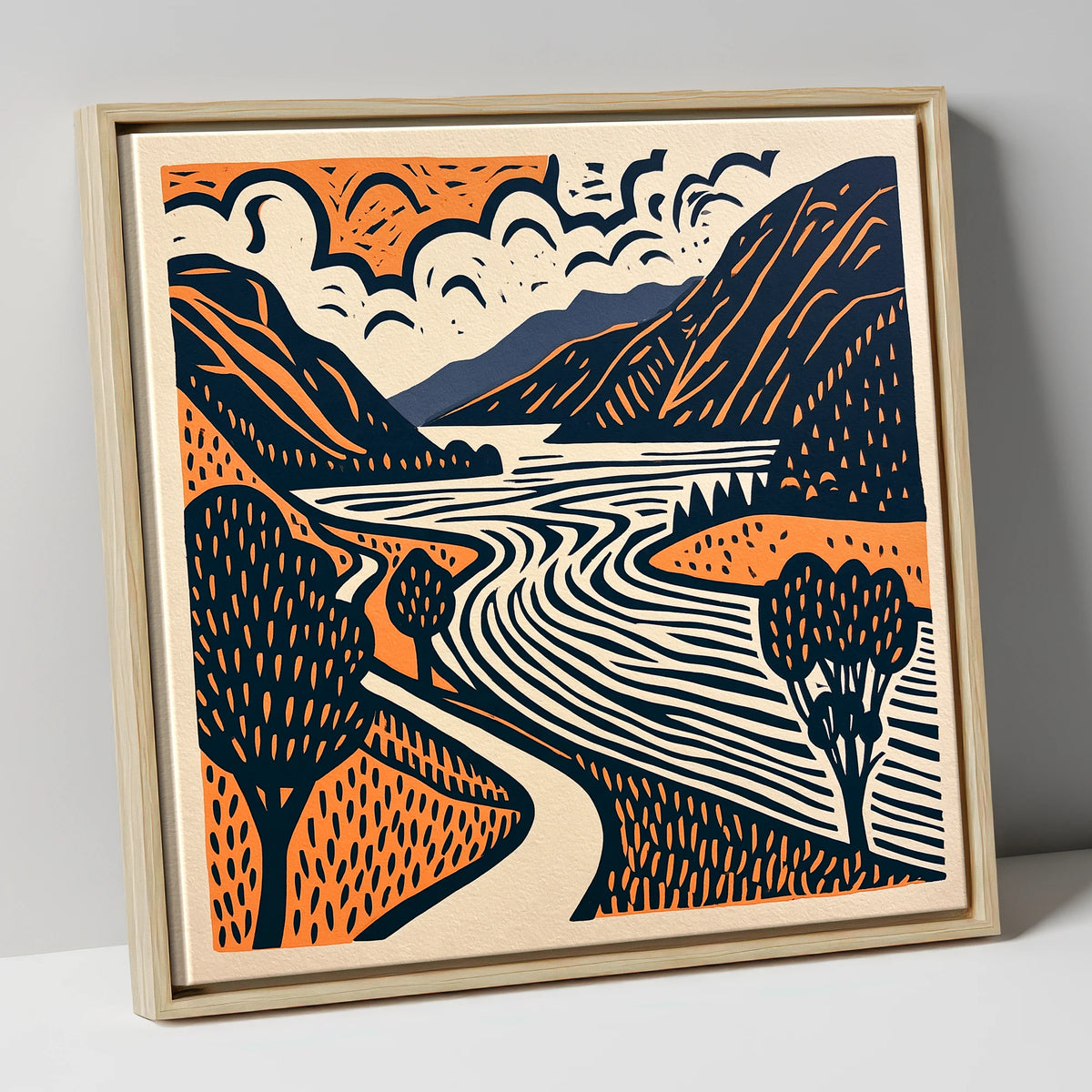 Bold Ullswater in Terracotta and Navy lake district lake canvas wall art in natural frame