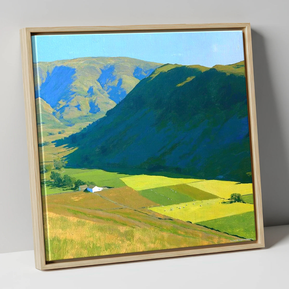 Sunlit Fields Below Steel Knotts lake district fell canvas wall art in natural frame