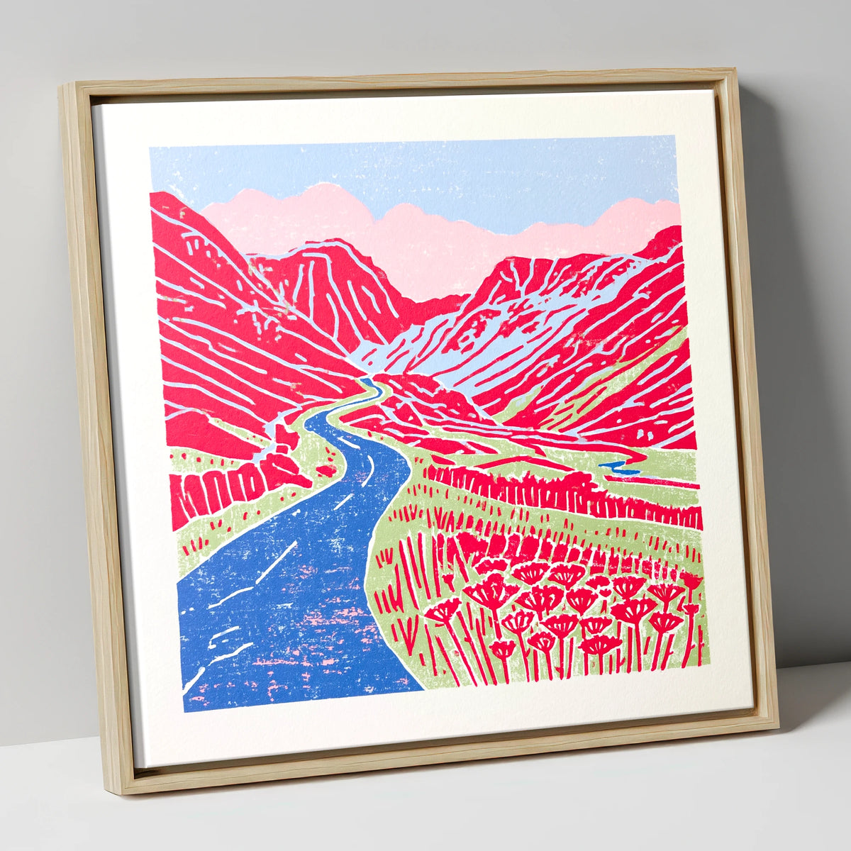 Red Fells Over Hardknott Pass lake district valley canvas wall art in natural frame