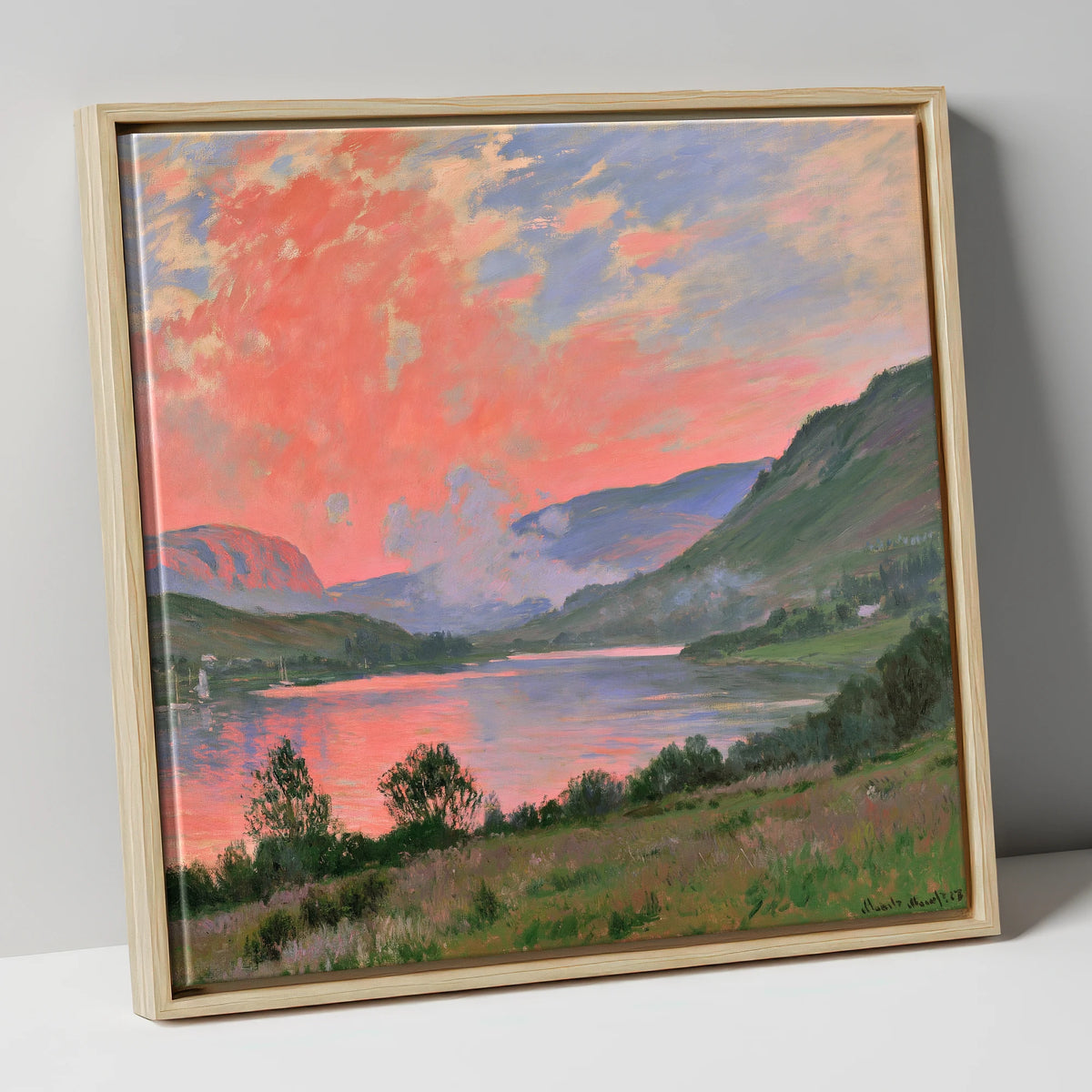 Coral Sunset Over The Lake lake district lake canvas wall art in natural frame