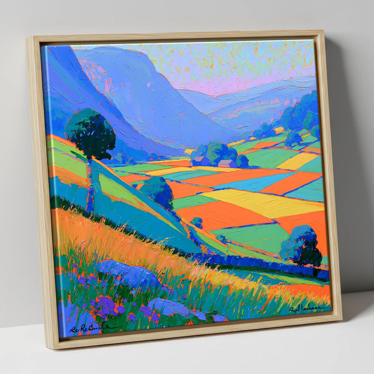 Bold Patchwork Fields and Fells lake district valley canvas wall art in natural frame