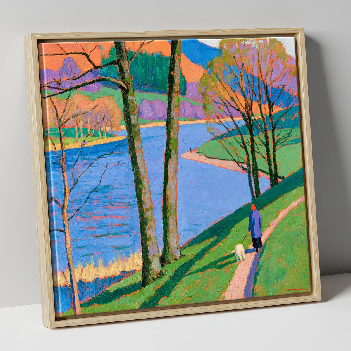 Vivid Lakeside Walk at Grasmere gifts for dog walkers canvas wall art in natural frame