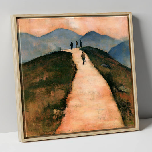 Walkers on a Warm Mountain Path lake district walking canvas wall art in natural frame