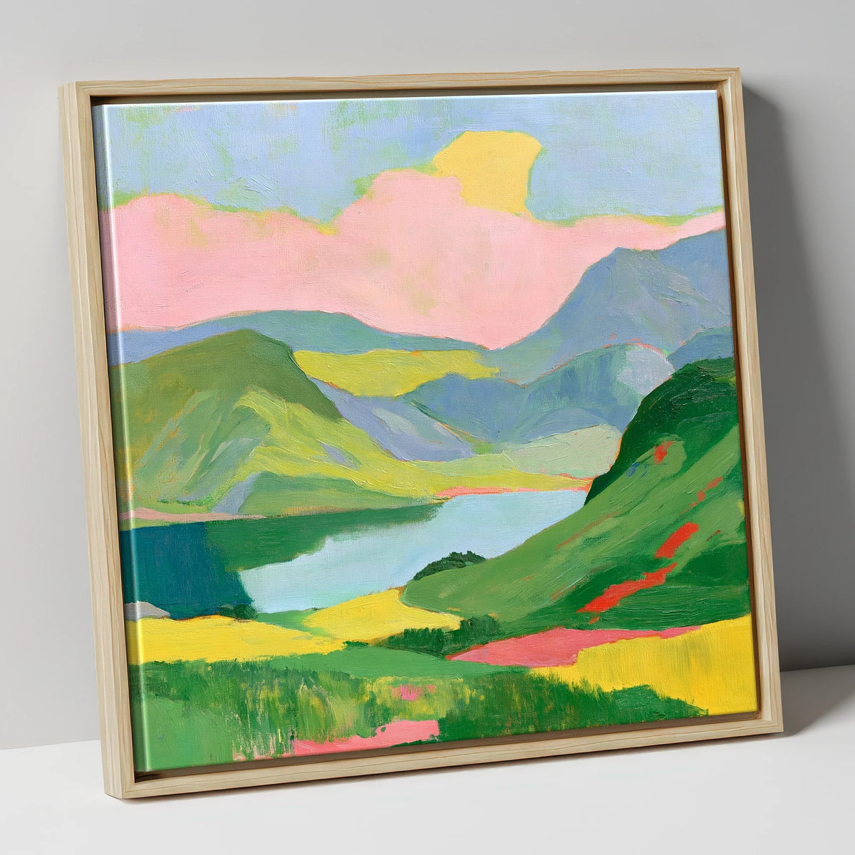 Vibrant Fells and Mountain Lake lake district lake canvas wall art in natural frame