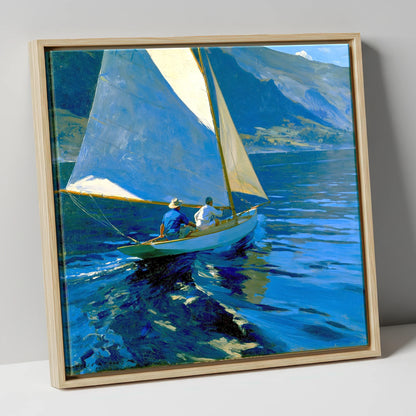Sailboat on Deep Cobalt Waters lake district walking canvas wall art in natural frame