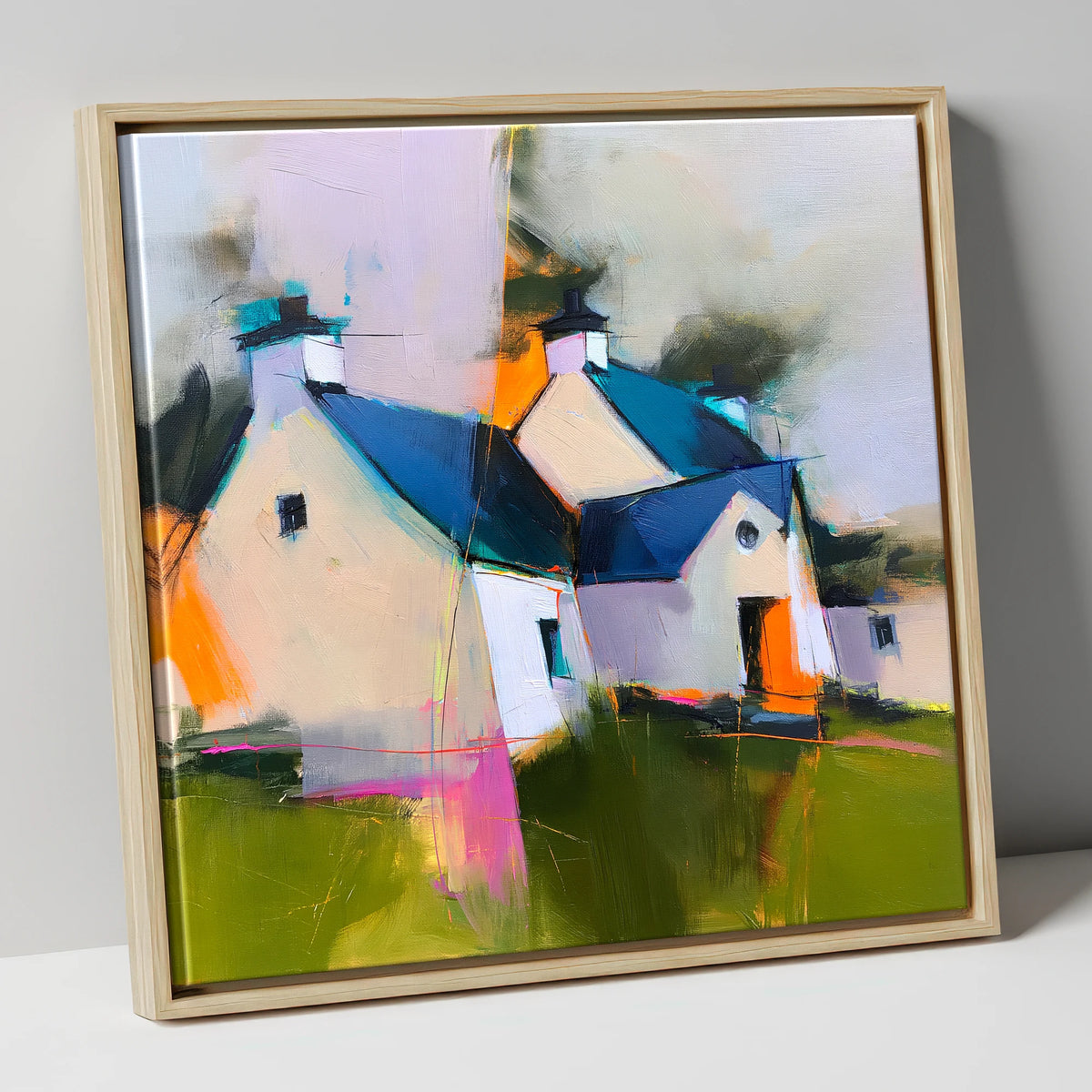 Colourful Slate Roofed Cottages lake district village canvas wall art in natural frame