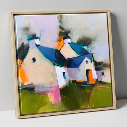 Colourful Slate Roofed Cottages lake district village canvas wall art in natural frame