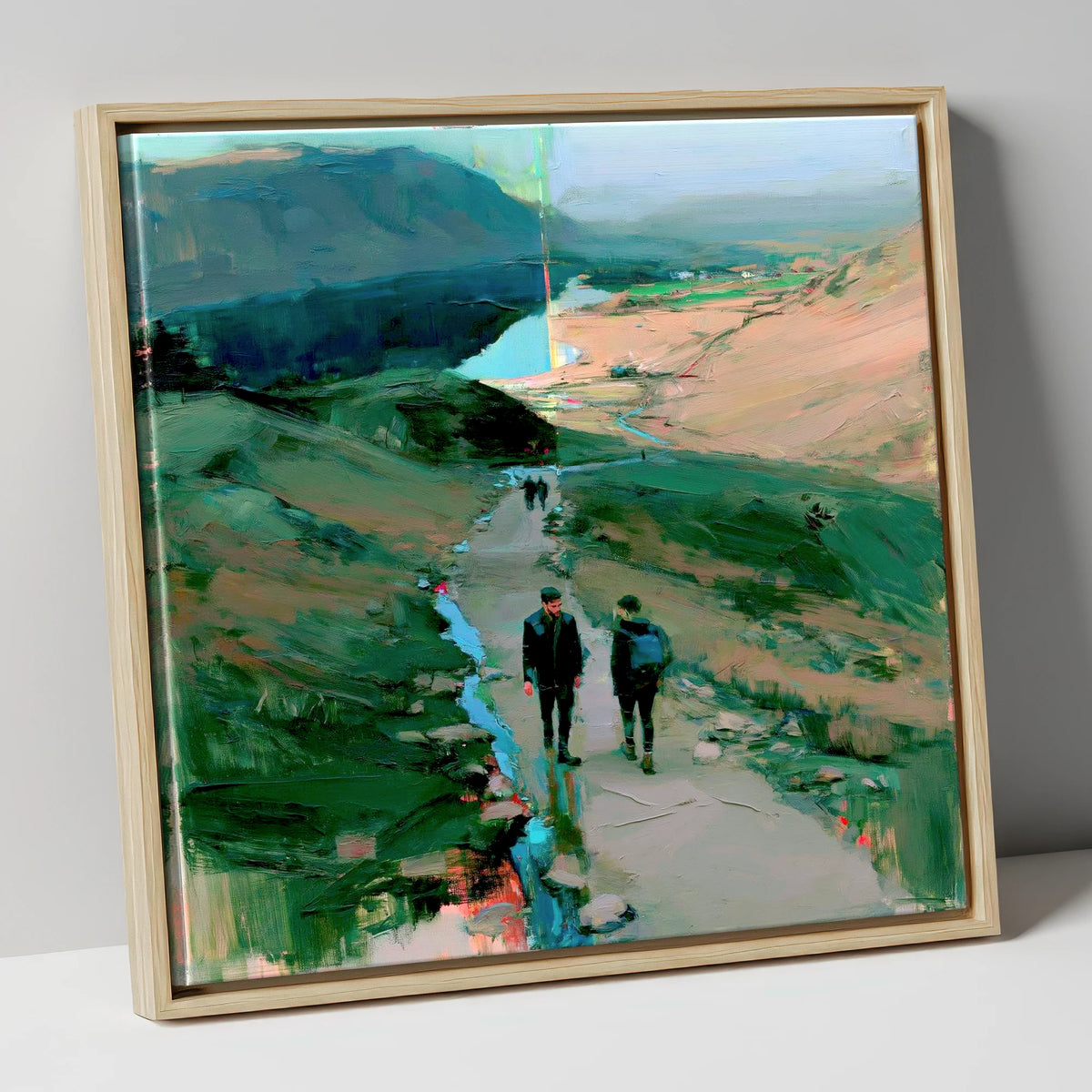 Mountain Hikers on the Fell Path lake district walking canvas wall art in natural frame