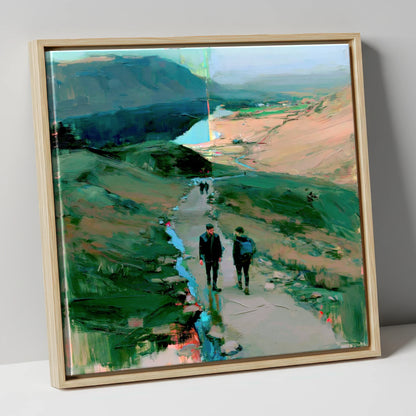 Mountain Hikers on the Fell Path lake district walking canvas wall art in natural frame