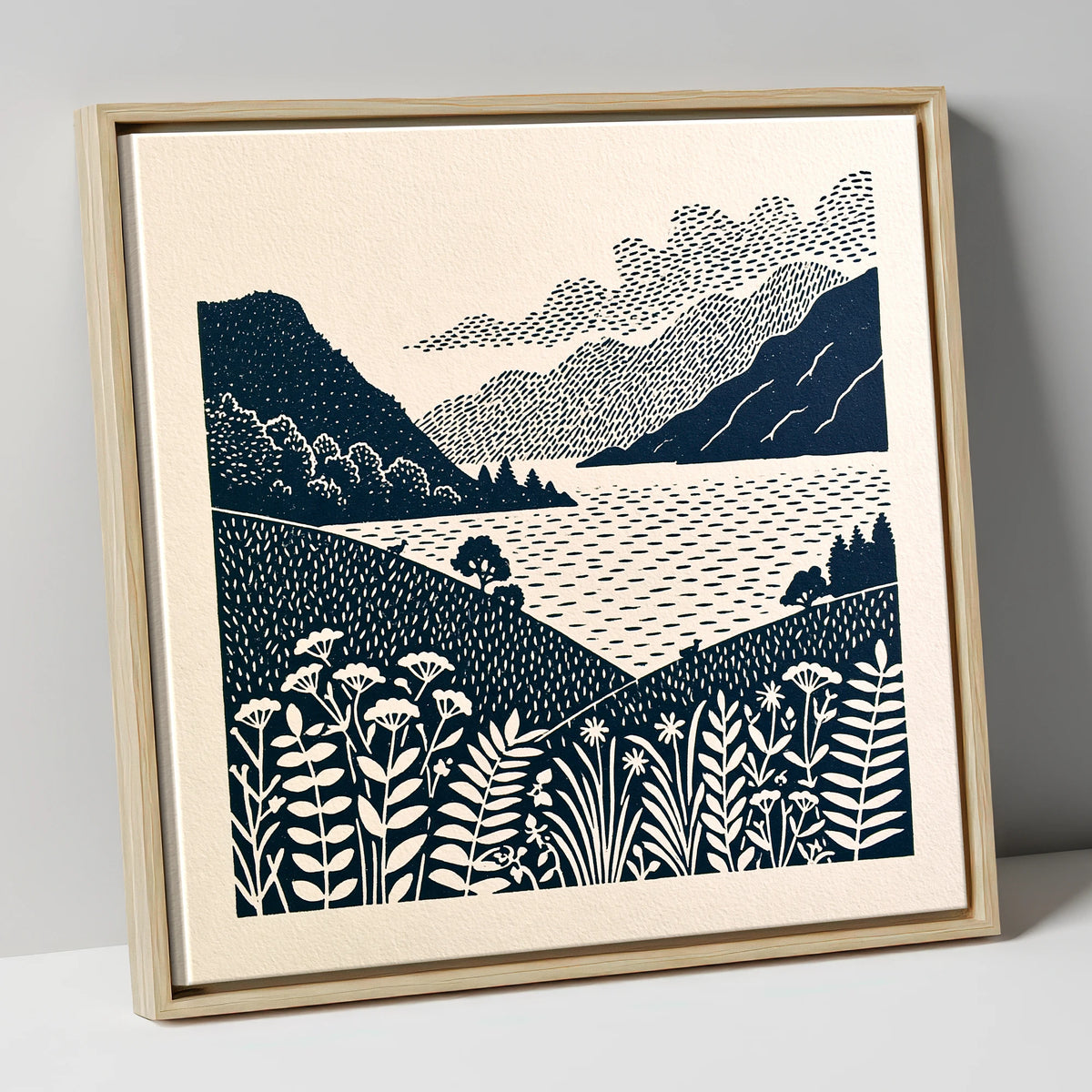 Graphic Ullswater and Layered Fells lake district lake canvas wall art in natural frame