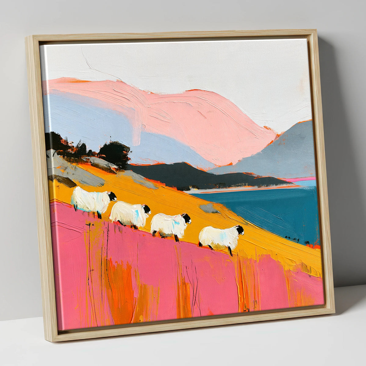Vibrant Herdwicks Above Teal Lake lake district wildlife canvas wall art in natural frame