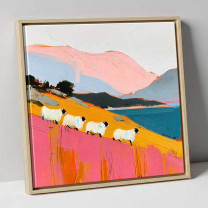 Vibrant Herdwicks Above Teal Lake lake district wildlife canvas wall art in natural frame
