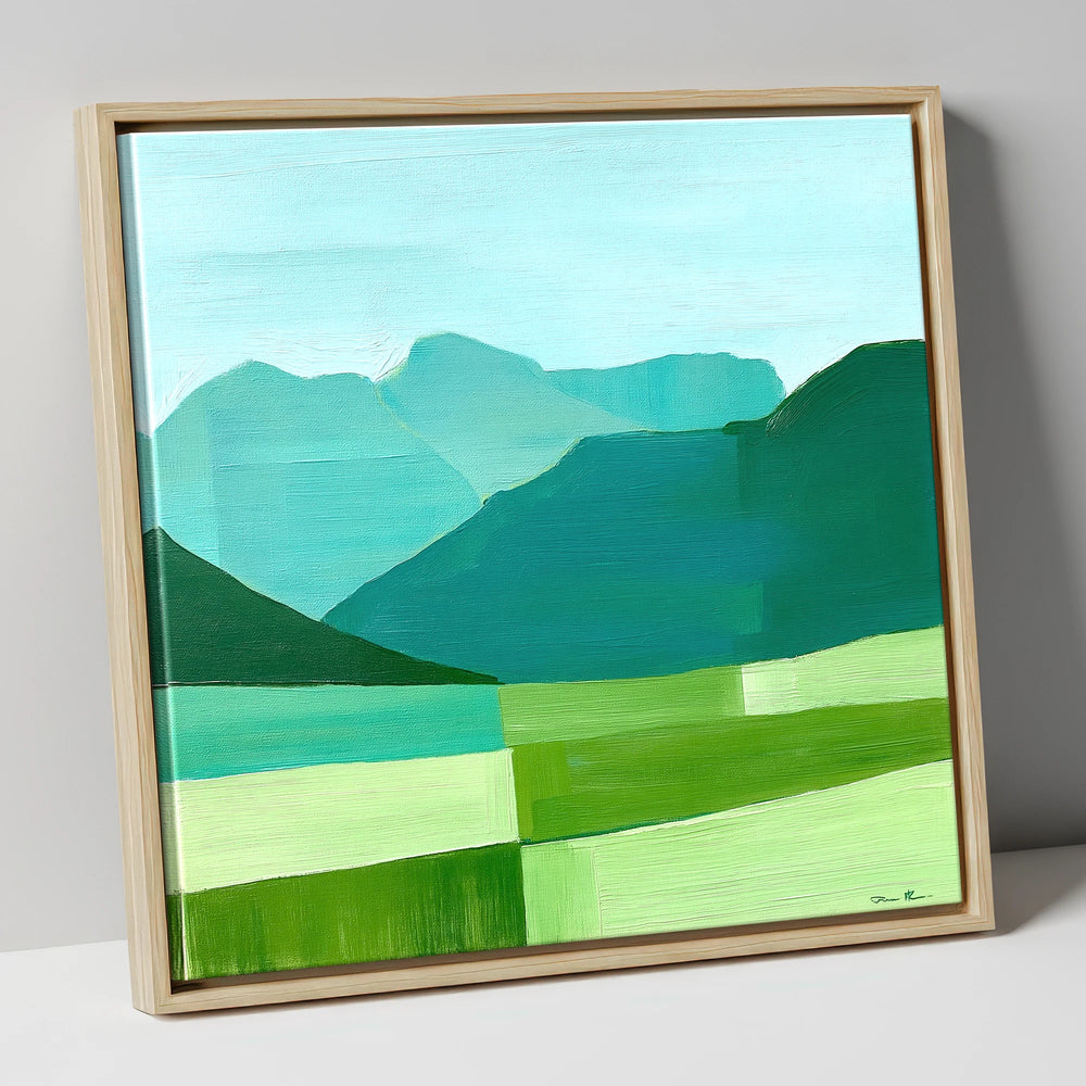 Abstract Teal Langdale Pikes lake district fell canvas wall art in natural frame