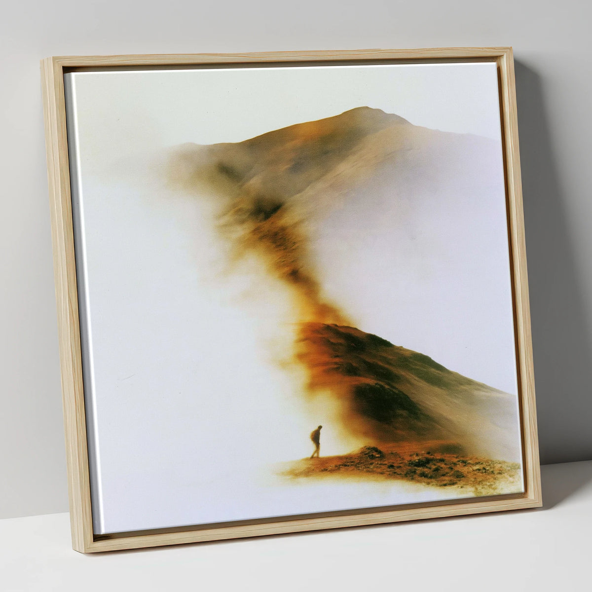 Lone Hiker in Copper Mist lake district walking canvas wall art in natural frame