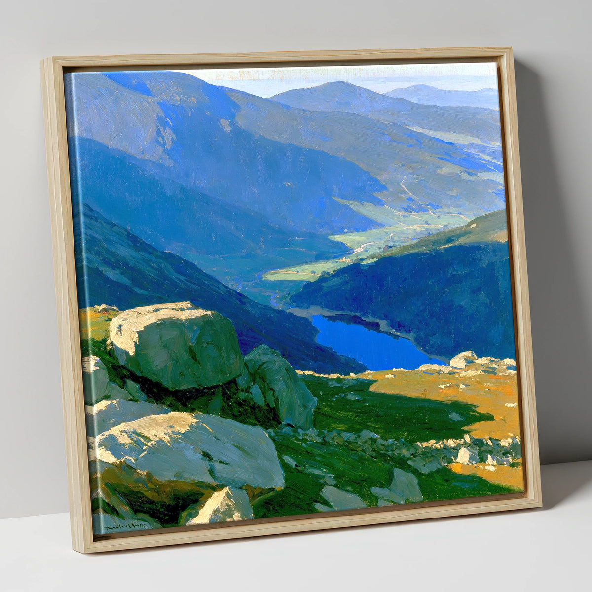 Summit View Over Deep Blue Valley lake district fell canvas wall art in natural frame