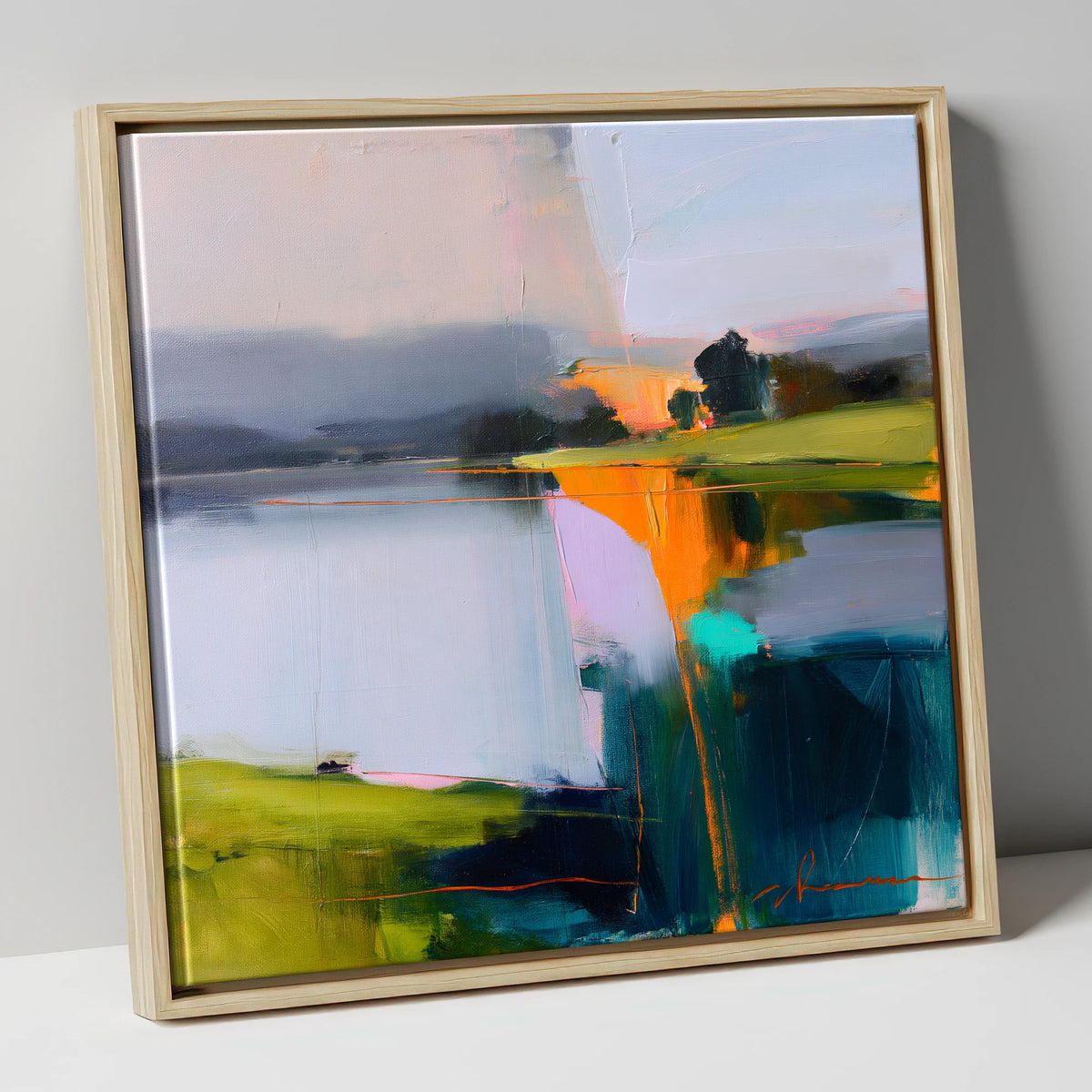Vibrant Dawn on Still Lake lake district lake canvas wall art in natural frame