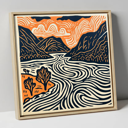 Ullswater in Terracotta and Navy lake district lake canvas wall art in natural frame