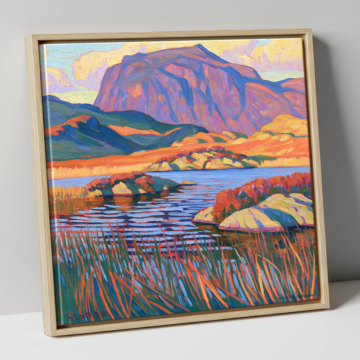 Vibrant Haystacks and Mountain Tarn lake district fell canvas wall art in natural frame