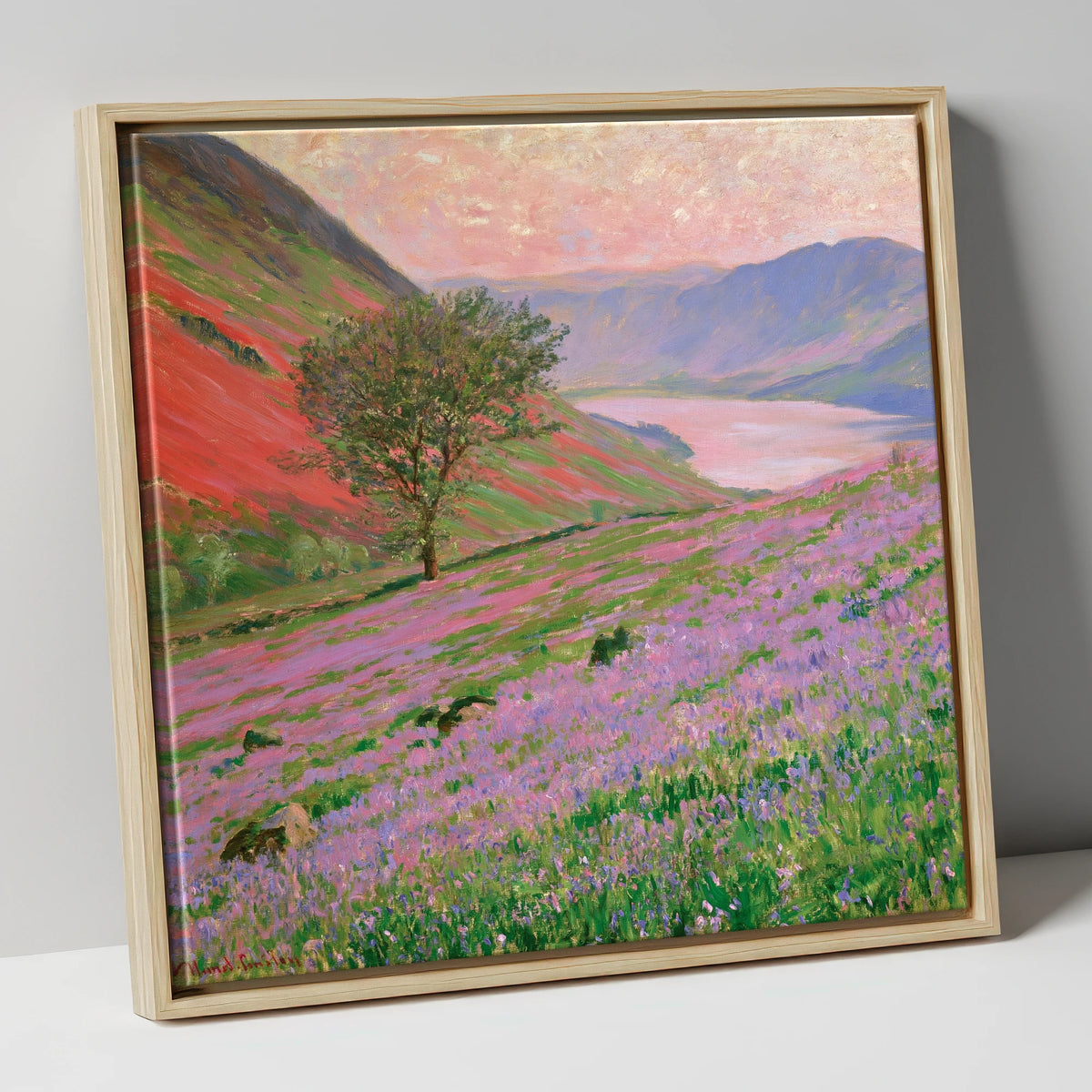 Lavender Fells Above Crummock Water lake district lake canvas wall art in natural frame