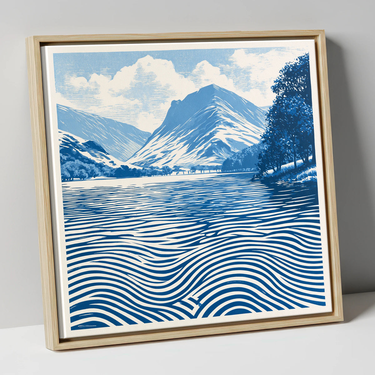 Buttermere in Cobalt Blue lake district lake canvas wall art in natural frame