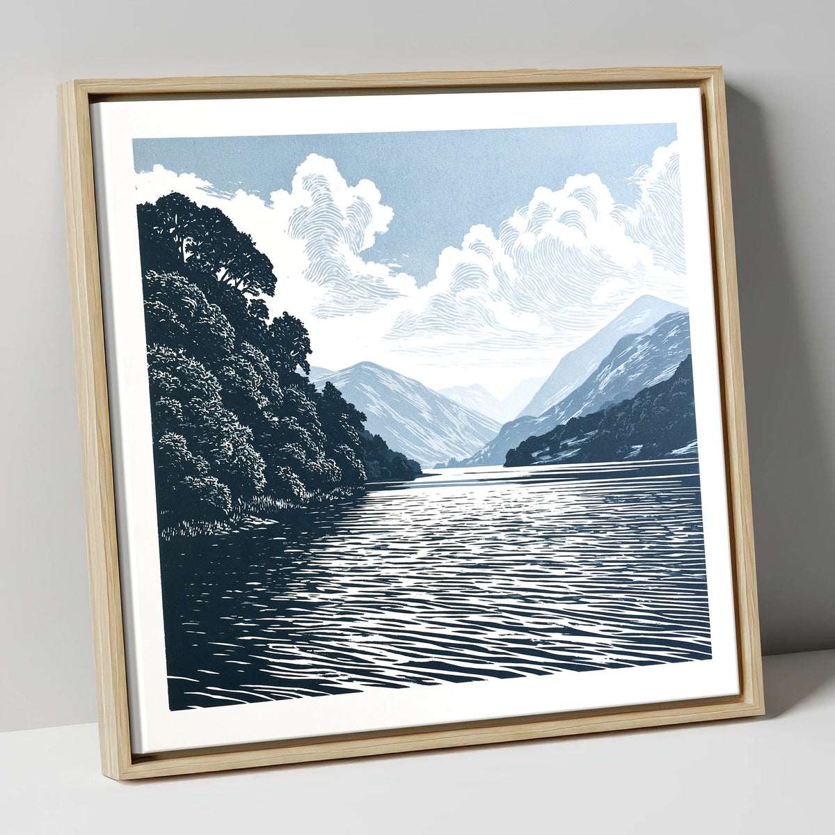 Deep Blue Coniston Water Fells lake district lake canvas wall art in natural frame
