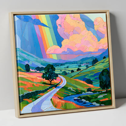 Vibrant Rainbow Over Lakeland Fells lake district sky canvas wall art in natural frame