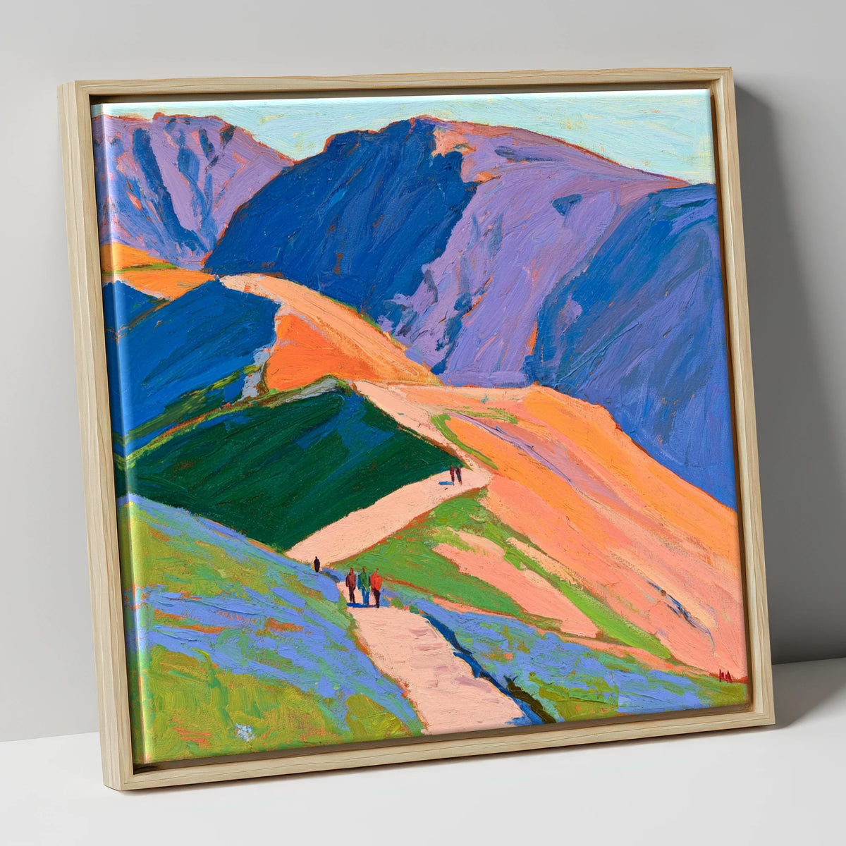 Walkers on Vibrant Mountain Path lake district walking canvas wall art in natural frame
