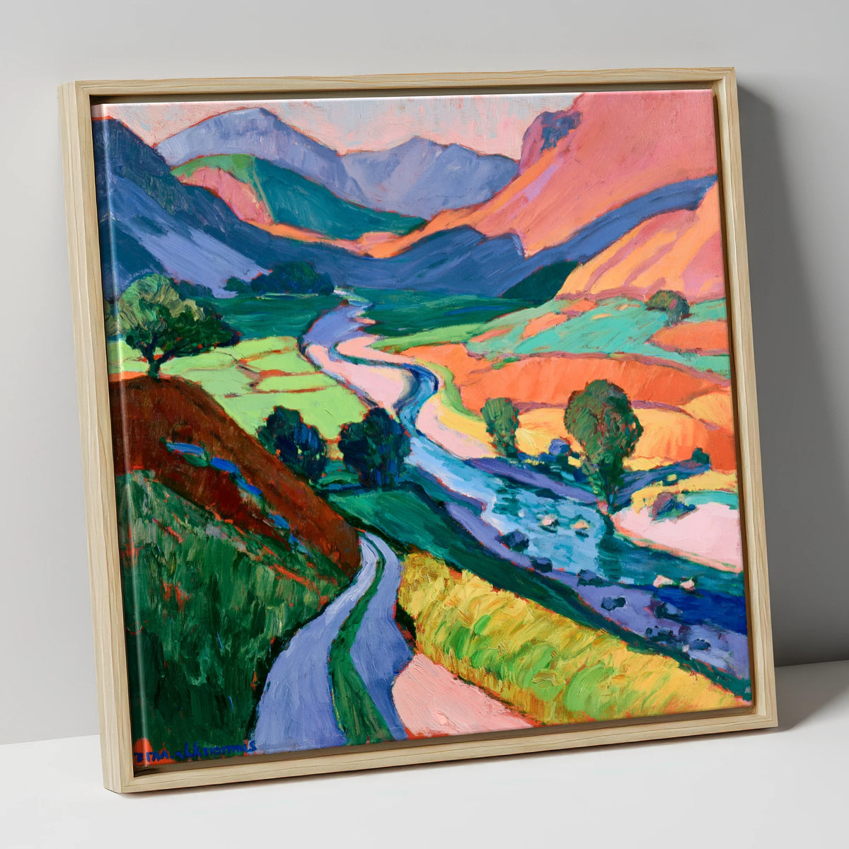 Meandering River Among Bold Fells lake district waterfall canvas wall art in natural frame