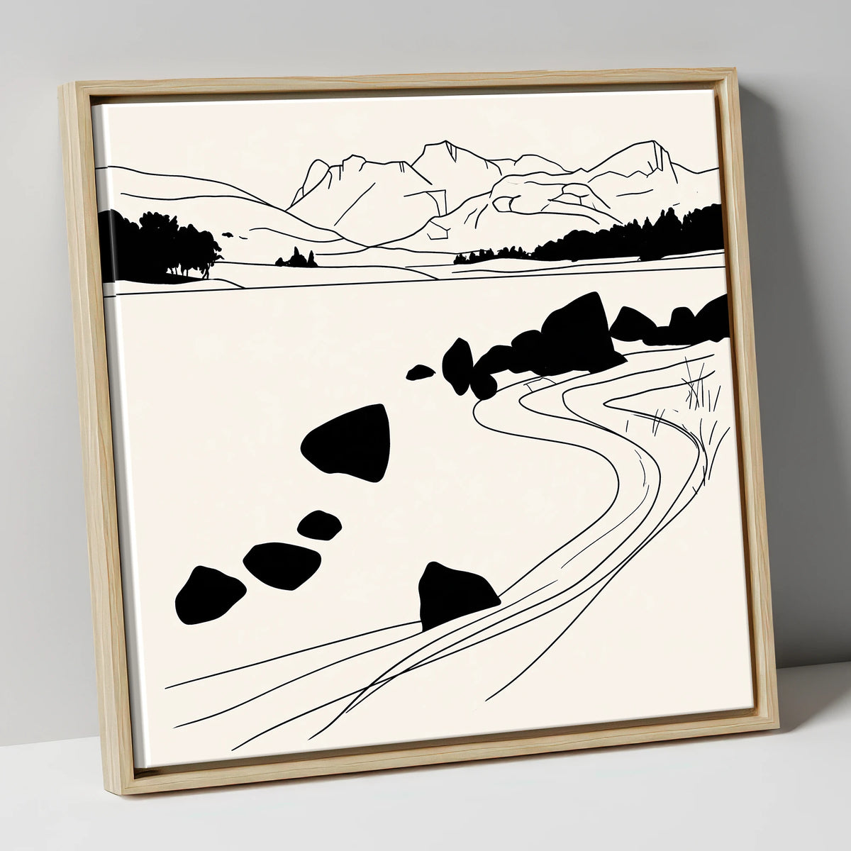Minimalist Elterwater Scattered Rocks lake district lake canvas wall art in natural frame