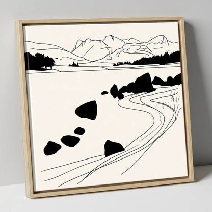 Minimalist Elterwater Scattered Rocks lake district lake canvas wall art in natural frame