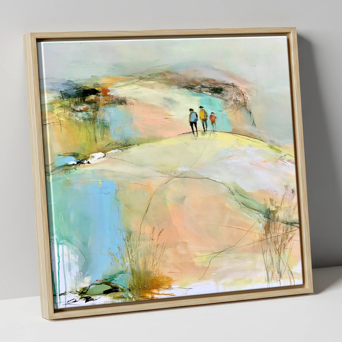 Hikers on the Pastel Fell lake district fell canvas wall art in natural frame