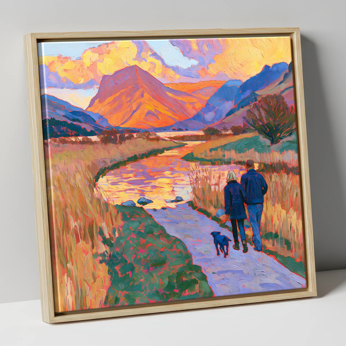 Sunset Dog Walk at Buttermere gifts for dog walkers canvas wall art in natural frame