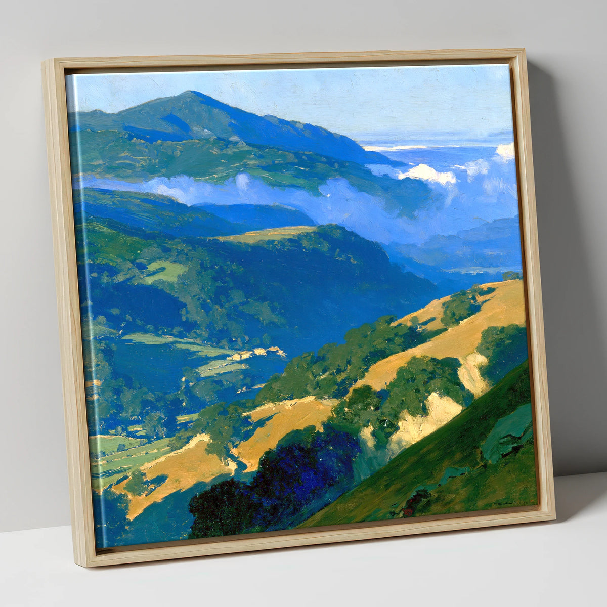 Sunlit Fells and Valley Mist lake district sky canvas wall art in natural frame