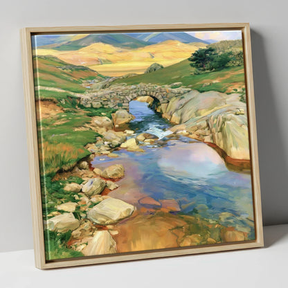 Stone Bridge Beneath Golden Fells lake district waterfall canvas wall art in natural frame