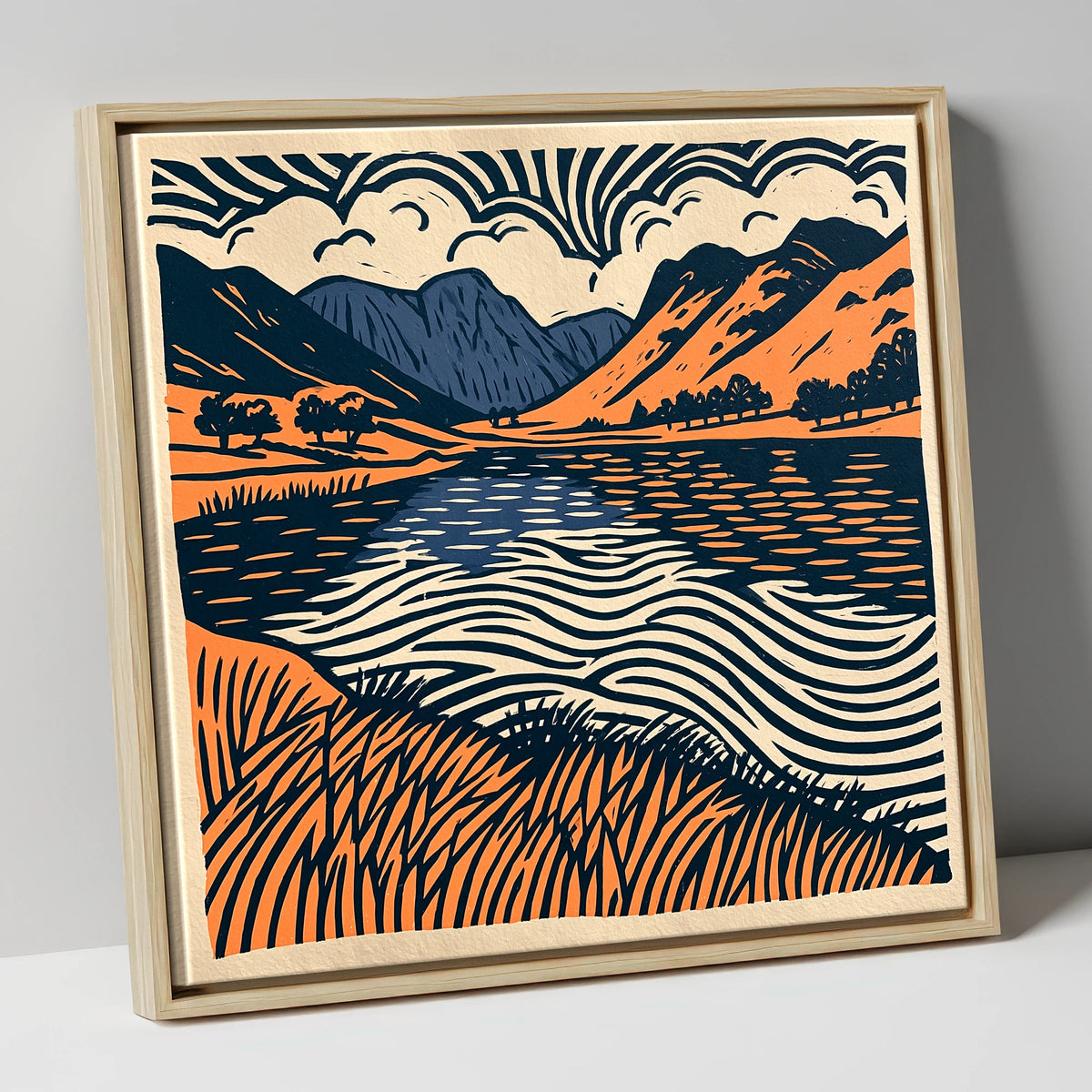 Calm Lake in Navy and Terracotta lake district lake canvas wall art in natural frame