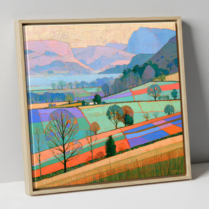 Bright Patchwork Valley Mist lake district sky canvas wall art in natural frame