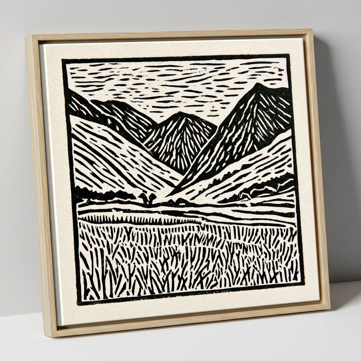 Black and White Borrowdale Fells lake district valley canvas wall art in natural frame