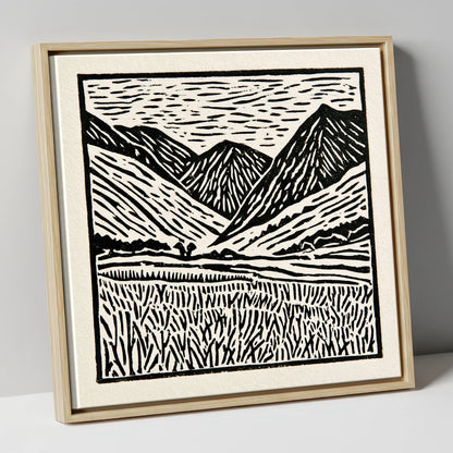 Black and White Borrowdale Fells lake district valley canvas wall art in natural frame
