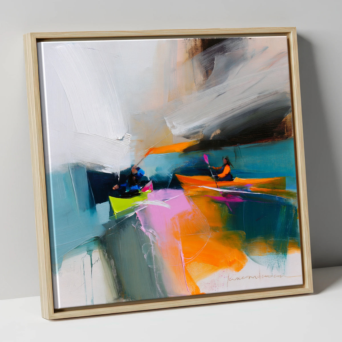 Vibrant Kayakers on a Lake lake district walking canvas wall art in natural frame