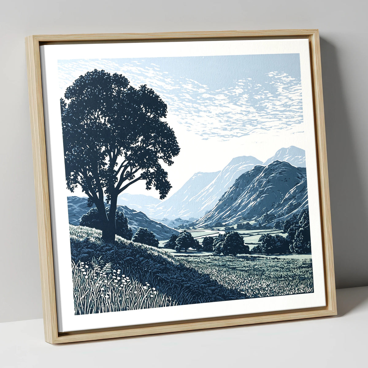 Eskdale Valley in Navy and Slate lake district valley canvas wall art in natural frame
