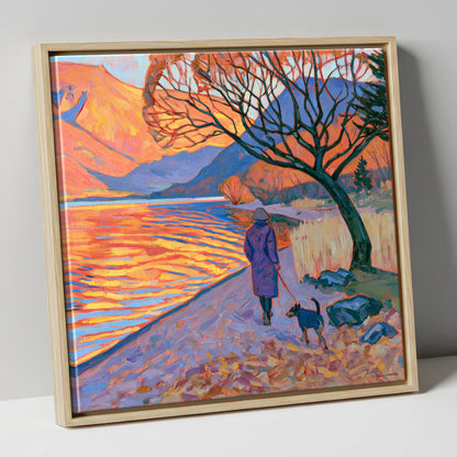 Sunset Dog Walk at Ullswater gifts for dog walkers canvas wall art in natural frame